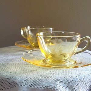 Set of Two Yellow Depression Glass Cup & Saucer